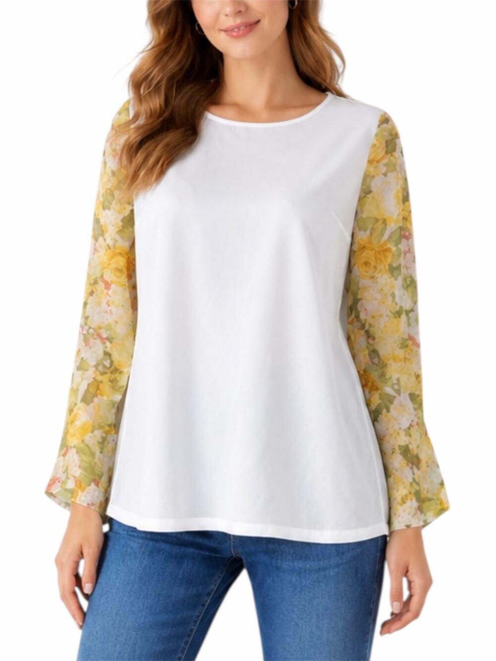 Lovers + Friends Floral Printed Long Sleeve Sheer Top White Yellow Size M